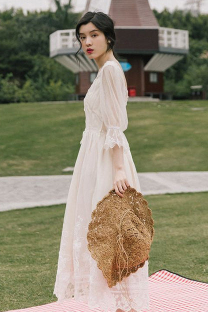 Lolita OP Dress - Lantern Half Sleeves, White, Sweet Style, Lace Trim, Printed - additional product view 3
