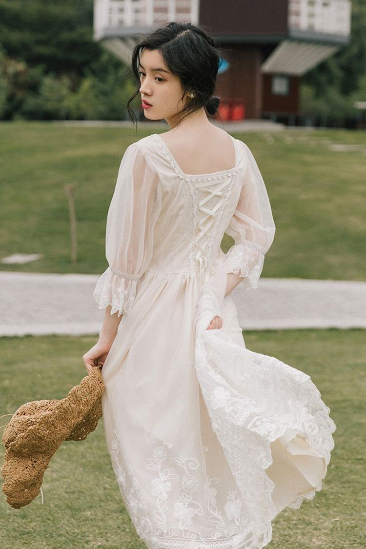 Lolita OP Dress - Lantern Half Sleeves, White, Sweet Style, Lace Trim, Printed - additional product view 4