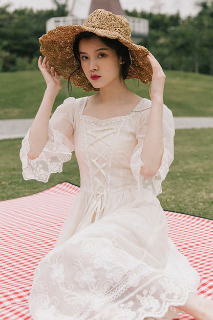 Lolita OP Dress - Lantern Half Sleeves, White, Sweet Style, Lace Trim, Printed - additional product view 5