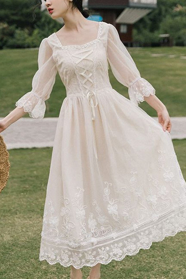 Lolita OP Dress - Lantern Half Sleeves, White, Sweet Style, Lace Trim, Printed - main product image