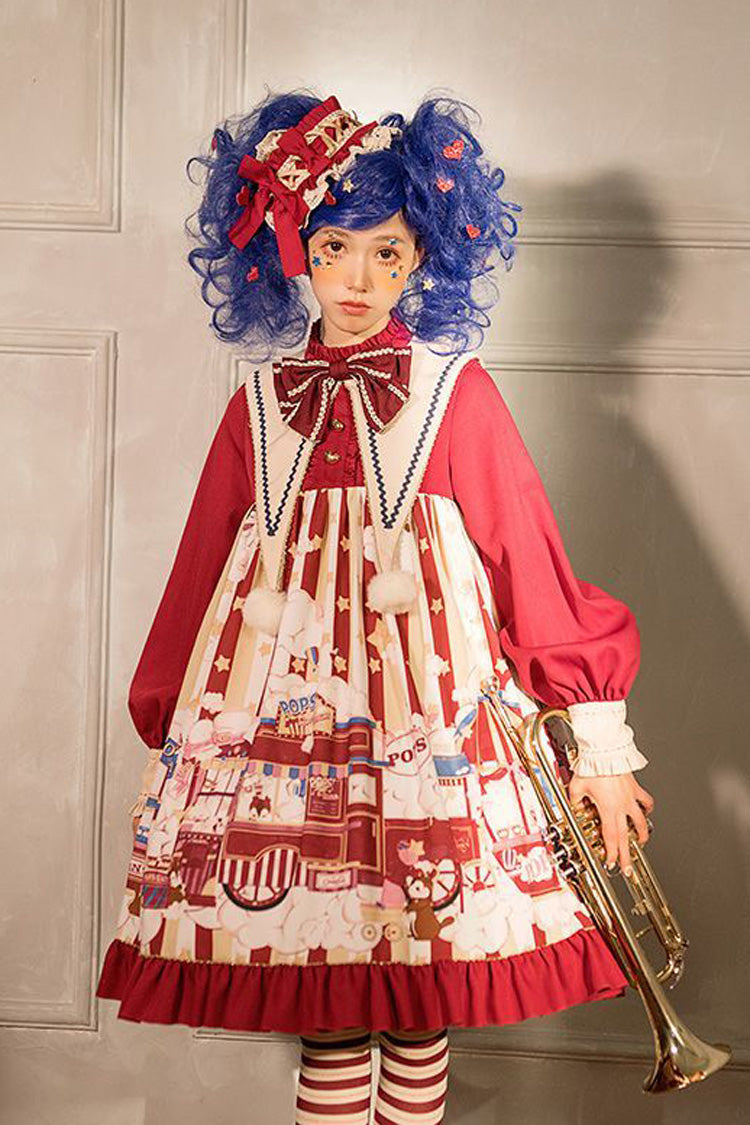 Lolita OP Dress - Lapel Collar Bowknot Lantern, Red, Sweet Style, Bow Detail, Printed - additional product view 3