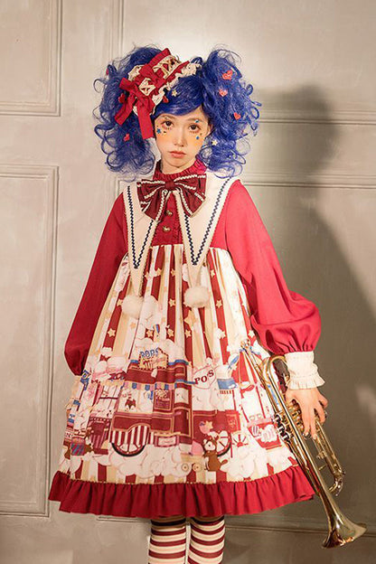 Lolita OP Dress - Lapel Collar Bowknot Lantern, Red, Sweet Style, Bow Detail, Printed - additional product view 3