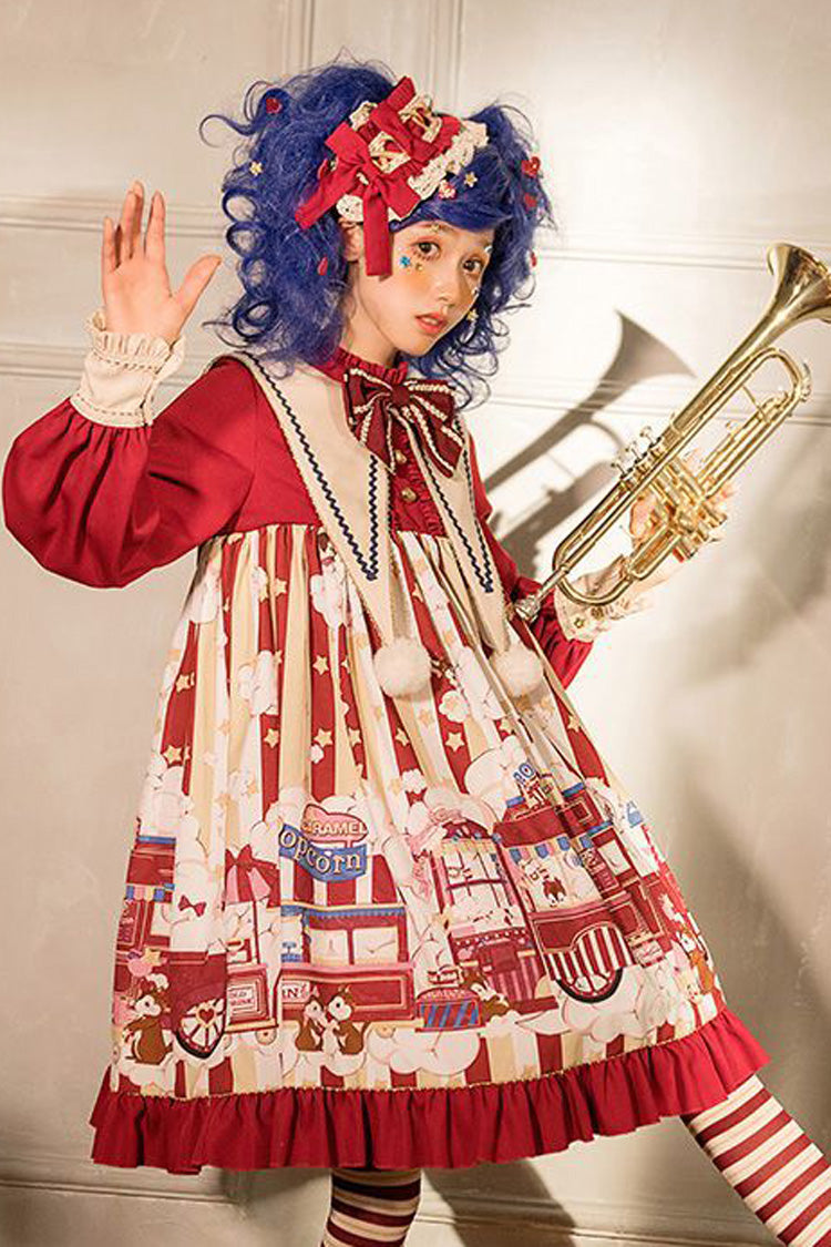 Lolita OP Dress - Lapel Collar Bowknot Lantern, Red, Sweet Style, Bow Detail, Printed - additional product view 4