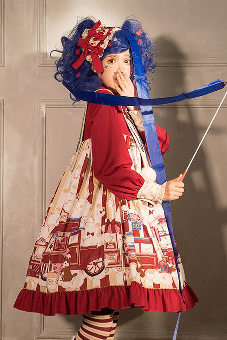 Lolita OP Dress - Lapel Collar Bowknot Lantern, Red, Sweet Style, Bow Detail, Printed - additional product view 5