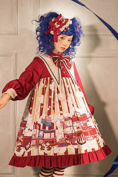 Lolita OP Dress - Lapel Collar Bowknot Lantern, Red, Sweet Style, Bow Detail, Printed - additional product view 6