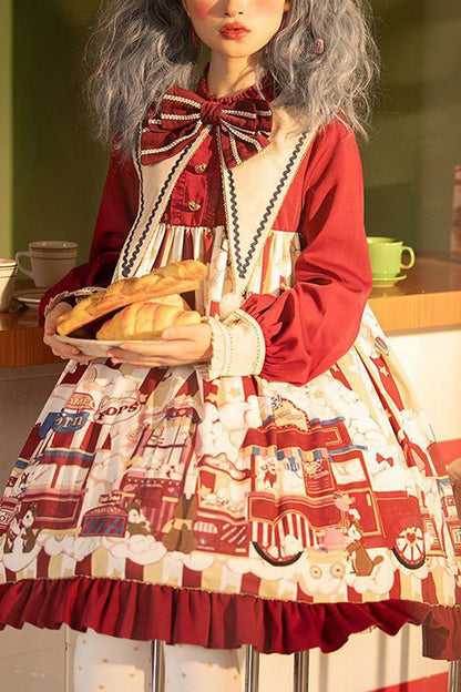 Lolita OP Dress - Lapel Collar Bowknot Lantern, Red, Sweet Style, Bow Detail, Printed - main product image