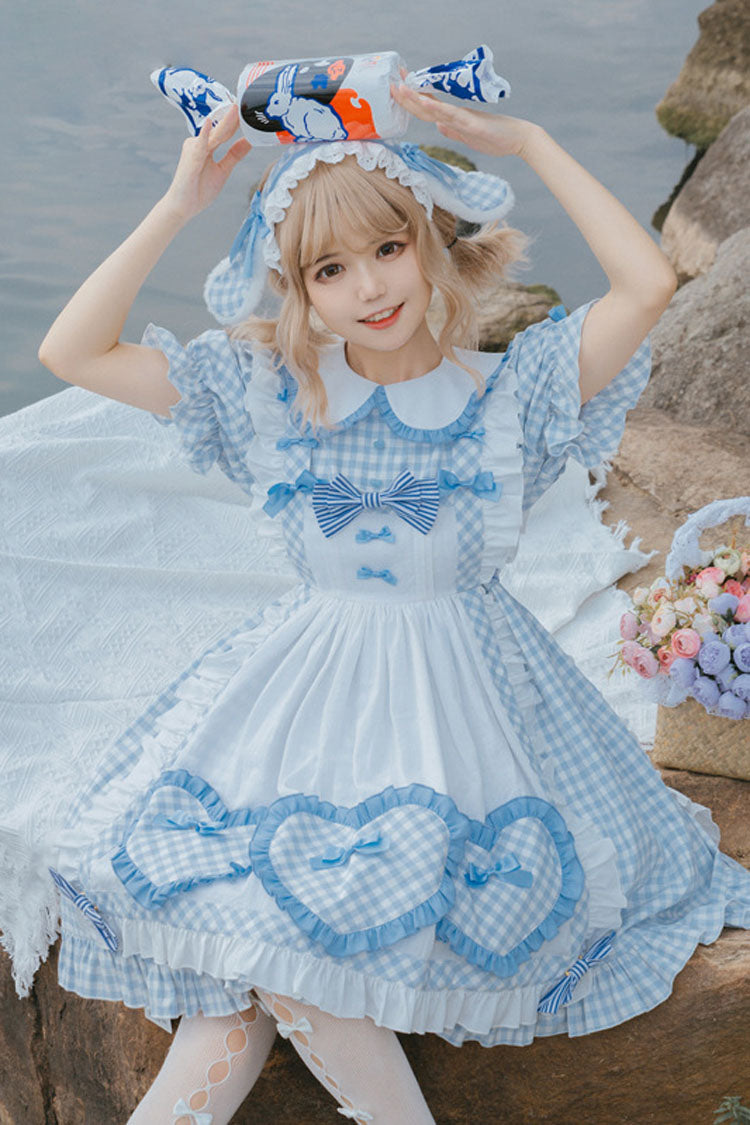 Lolita OP Dress - Light Blue Love Plaid Print, Blue, Plaid, Bow Detail, Printed - additional product view 2