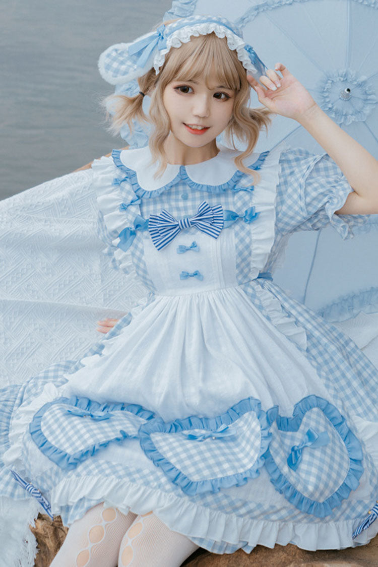 Lolita OP Dress - Light Blue Love Plaid Print, Blue, Plaid, Bow Detail, Printed - additional product view 3