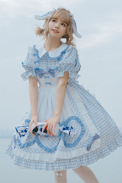 Lolita OP Dress - Light Blue Love Plaid Print, Blue, Plaid, Bow Detail, Printed - additional product view 4