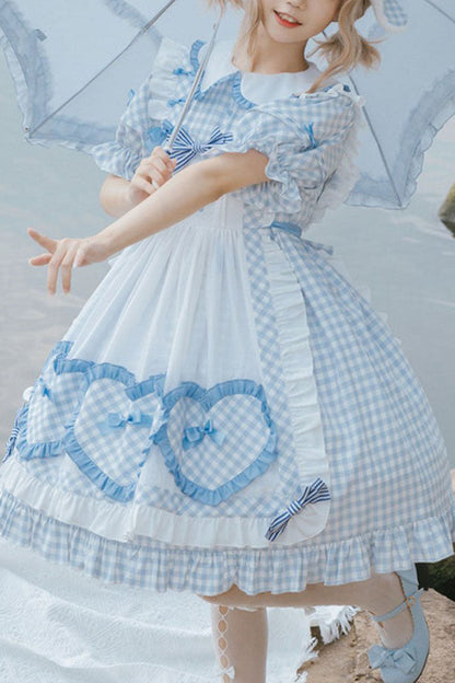 Lolita OP Dress - Light Blue Love Plaid Print, Blue, Plaid, Bow Detail, Printed - main product image