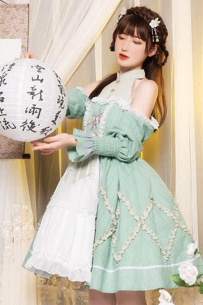 Lolita OP Dress - Off The Shoulder, Green, Embroidered, Long Sleeves, Sweet Style - additional product view 2