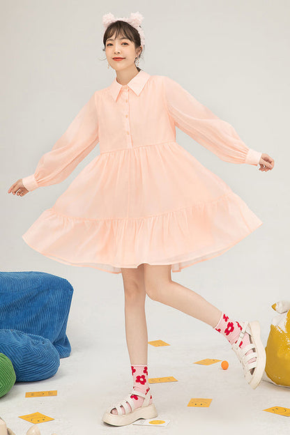 Lolita OP Dress - Orange Polo Neck Organza Puff, Orange, Puff Sleeves, Sweet Style - additional product view 2
