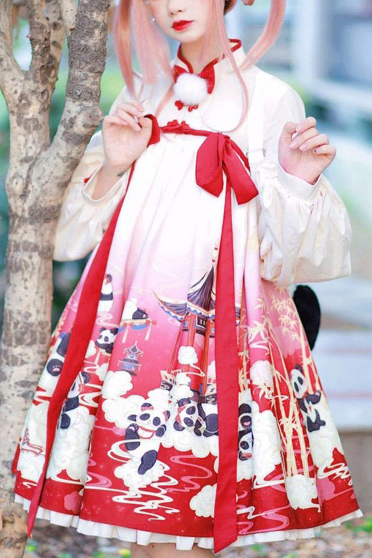 Lolita OP Dress - Panda Print Chinese Style, 2 Colors, Printed, Sweet Style - M White/Red / L White/Red option