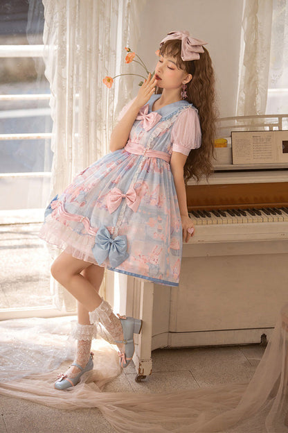 Lolita OP Dress - Pink/blue Doll Collar, 2 Colors, High Waist, Sweet Style, Printed - additional product view 2