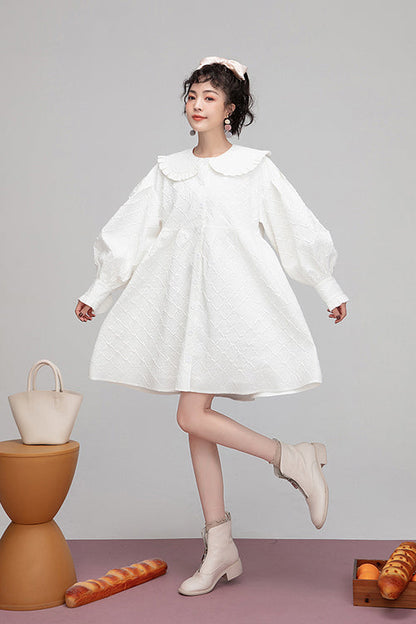 Lolita OP Dress - Plaid Jacquard Cotton Doll, White, Puff Sleeves, Plaid, Sweet Style - additional product view 2