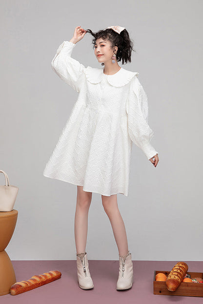 Lolita OP Dress - Plaid Jacquard Cotton Doll, White, Puff Sleeves, Plaid, Sweet Style - additional product view 3
