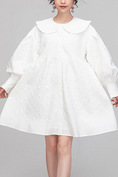 Lolita OP Dress - Plaid Jacquard Cotton Doll, White, Puff Sleeves, Plaid, Sweet Style - main product image