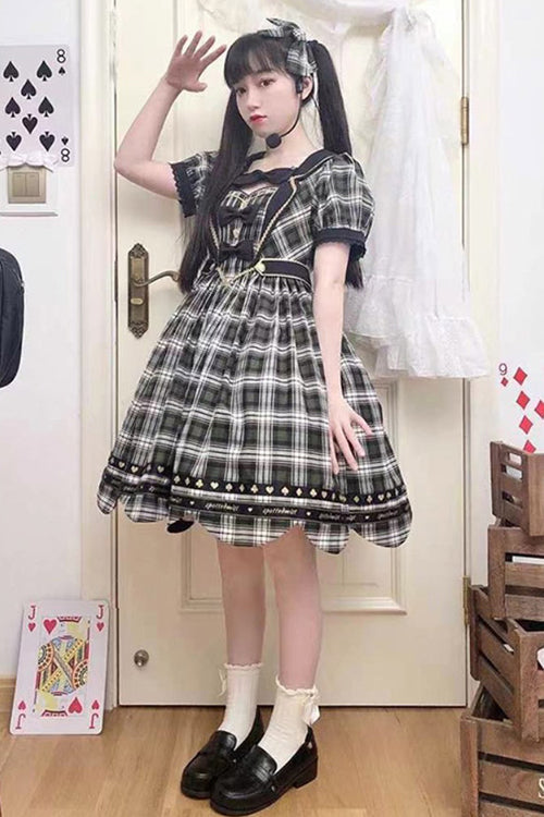 Lolita OP Dress - Plaid Print Dessert Crowned, Green, Plaid, High Waist, Sweet Style - additional product view 2