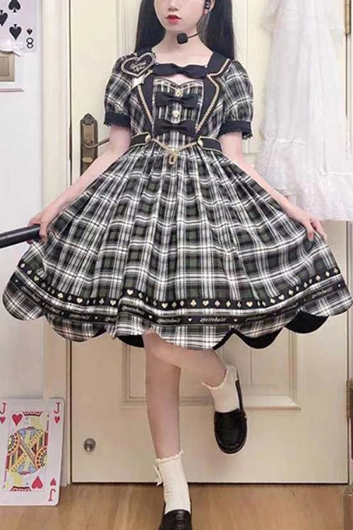 Lolita OP Dress - Plaid Print Dessert Crowned, Green, Plaid, High Waist, Sweet Style - main product image