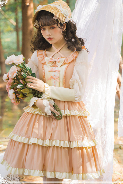 Lolita OP Dress - Round Collar High Waist, 2 Colors, Long Sleeves, Sweet Style, Ruffled - additional product view 3