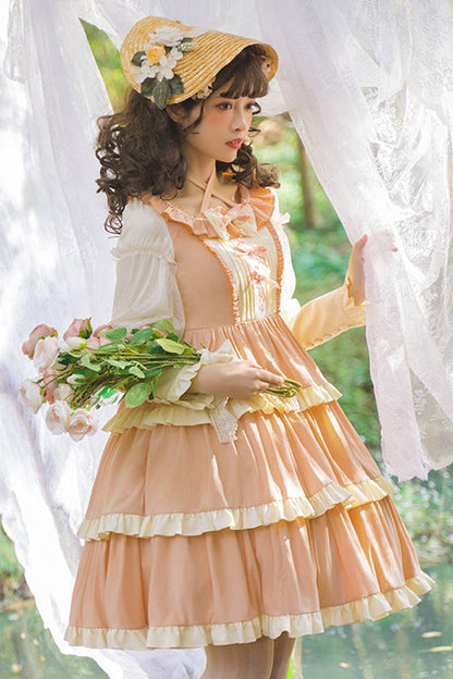 Lolita OP Dress - Round Collar High Waist, 2 Colors, Long Sleeves, Sweet Style, Ruffled - additional product view 4