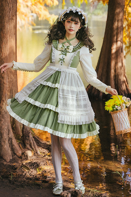 Lolita OP Dress - Round Collar High Waist, 2 Colors, Long Sleeves, Sweet Style, Ruffled - S Green / M Green / L Green option