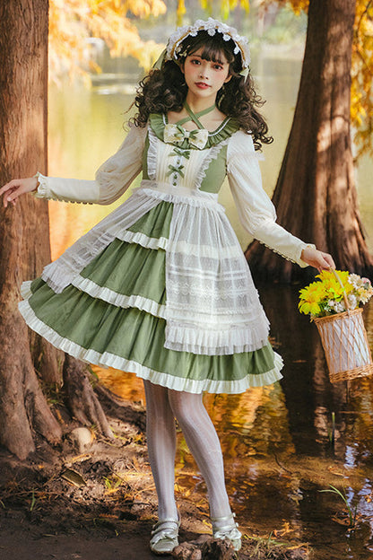 Lolita OP Dress - Round Collar High Waist, 2 Colors, Long Sleeves, Sweet Style, Ruffled - S Green / M Green / L Green option