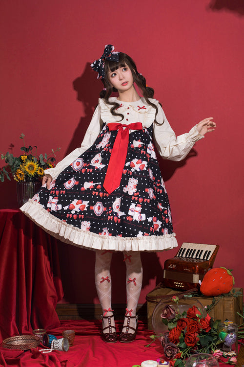 Lolita OP Dress - Round Collar High Waist, 3 Colors, Sweet Style, Printed - S Black / M Black / L Black option