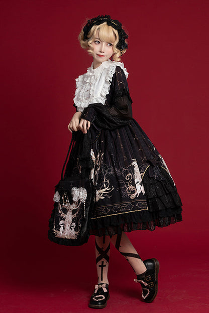 Lolita OP Dress - Round Collar Ruffled Reunion, 2 Colors, Classic Style, Printed - additional product view 4