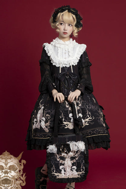 Lolita OP Dress - Round Collar Ruffled Reunion, 2 Colors, Classic Style, Printed - S Black / M Black / L Black option