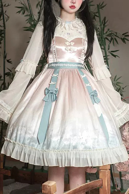 Lolita OP Dress - Round Collar Trumpet Sleeves, Pink, High Waist, Sweet Style, Printed - main product image