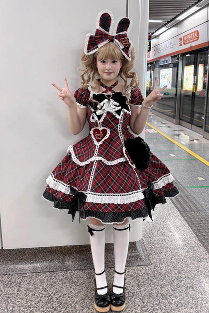Lolita OP Dress - Shibuya Sweetheart, Red, Plaid, Plus Size, Printed - additional product view 2