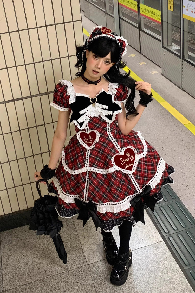 Lolita OP Dress - Shibuya Sweetheart, Red, Plaid, Plus Size, Printed - additional product view 5