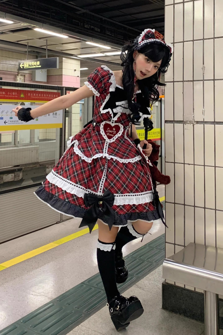 Lolita OP Dress - Shibuya Sweetheart, Red, Plaid, Plus Size, Printed - additional product view 6