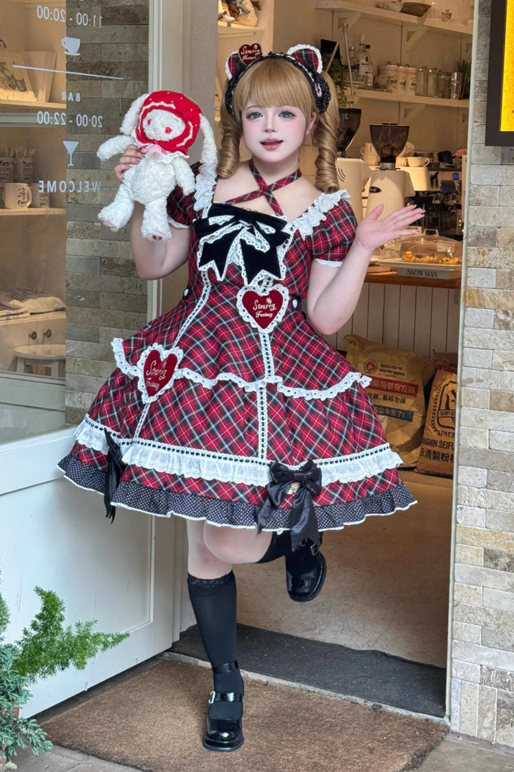 Lolita OP Dress - Shibuya Sweetheart, Red, Plaid, Plus Size, Printed - main product image