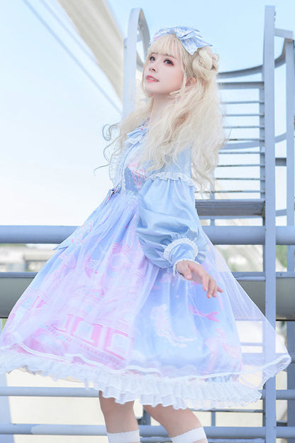 Lolita OP Dress - Sky Blue Dreamy Deep Sea Theater, Blue, Sweet Style, Bow Detail, Printed - additional product view 2