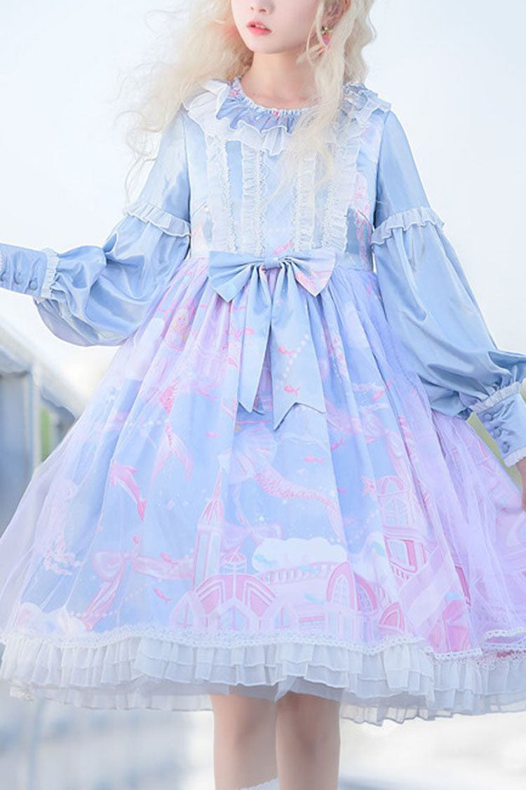 Lolita OP Dress - Sky Blue Dreamy Deep Sea Theater, Blue, Sweet Style, Bow Detail, Printed - main product image