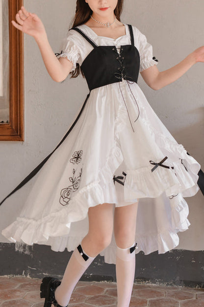 Lolita OP Dress - Square Collar Floral Embroidery, White, Square Collar, High Waist - main product image