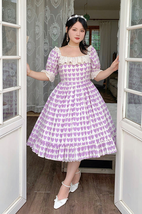 Lolita OP Dress - Square Collar Heart Print, Purple, Square Collar, Plus Size, Printed - additional product view 2