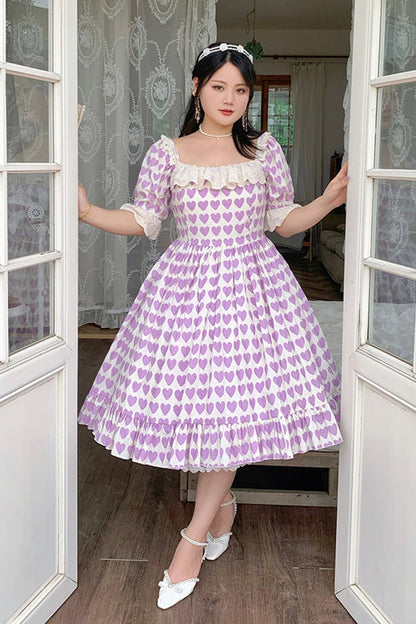 Lolita OP Dress - Square Collar Heart Print, Purple, Square Collar, Plus Size, Printed - additional product view 2