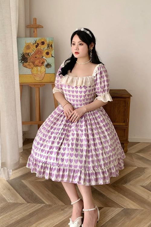 Lolita OP Dress - Square Collar Heart Print, Purple, Square Collar, Plus Size, Printed - additional product view 3
