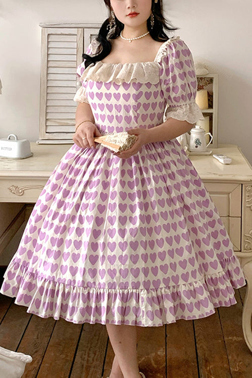 Lolita OP Dress - Square Collar Heart Print, Purple, Square Collar, Plus Size, Printed - main product image
