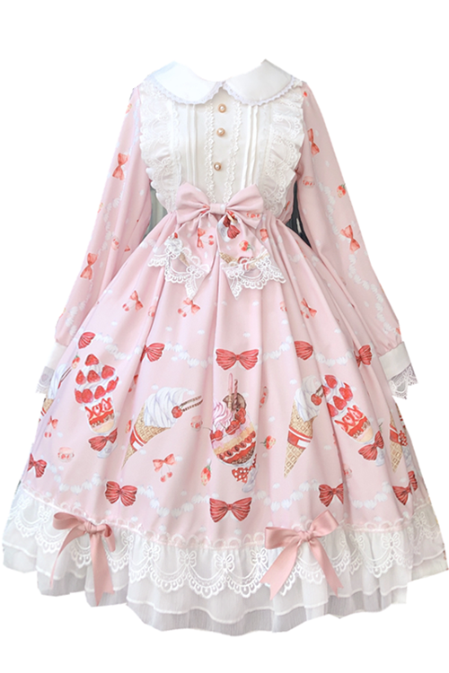 Lolita OP Dress - Strawberry Print Doll Collar, Pink, Lace Trim, Printed, Long Sleeves - main product image