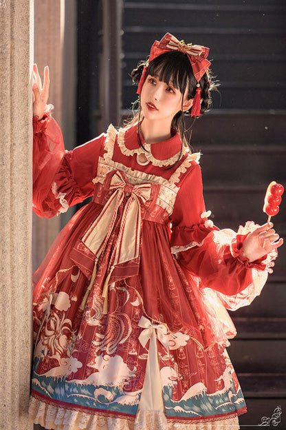 Lolita OP Dress - Wine Lapel Collar Wave Print, Wine, Ruffled, Printed, Long Sleeves - additional product view 2