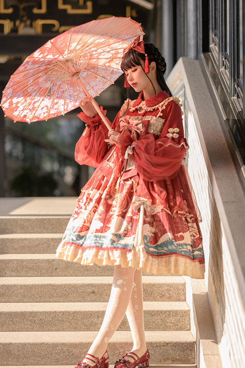 Lolita OP Dress - Wine Lapel Collar Wave Print, Wine, Ruffled, Printed, Long Sleeves - additional product view 3