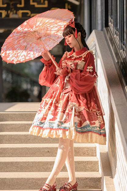 Lolita OP Dress - Wine Lapel Collar Wave Print, Wine, Ruffled, Printed, Long Sleeves - additional product view 3