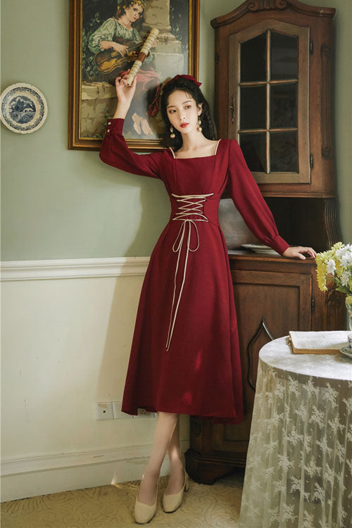 Lolita OP Dress - Wine, Square Collar, High Waist, Long Sleeves - additional product view 2
