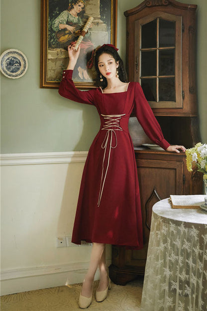 Lolita OP Dress - Wine, Square Collar, High Waist, Long Sleeves - additional product view 2