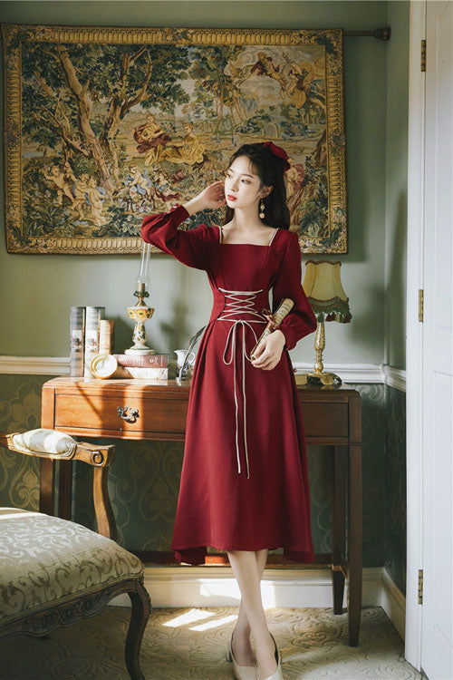 Lolita OP Dress - Wine, Square Collar, High Waist, Long Sleeves - additional product view 3