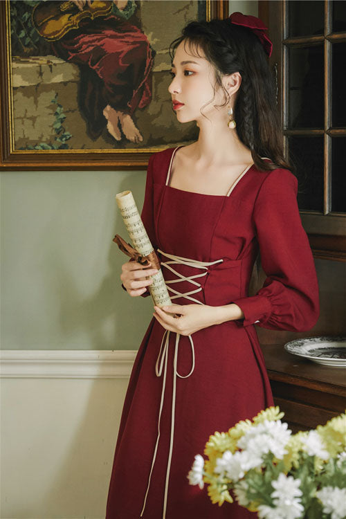 Lolita OP Dress - Wine, Square Collar, High Waist, Long Sleeves - additional product view 4